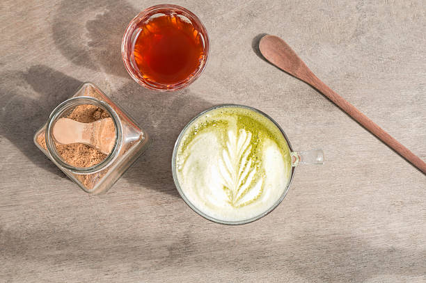istock Top view of  hot  Matcha green tea latte 584568498