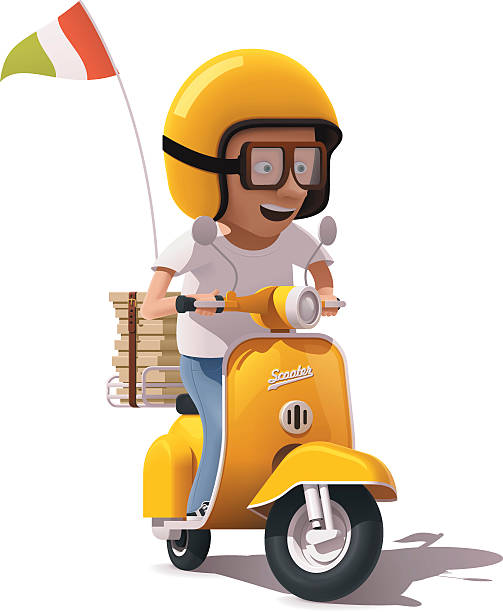 illustrations, cliparts, dessins animés et icônes de vector réaliste rétro scooter de livraison de pizza et icône de chauffeur de messagerie - moped