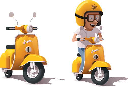 Detailed icons representing yellow retro scooter and scooter driver in helmet