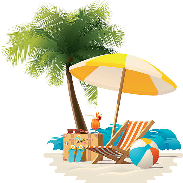 Vector travel and summer beach vacation relax icon Detailed vector icon representing deck chair, travel suitcase, sun umbrella and cocktail near deck chair on the seaside beach beach holiday stock illustrations