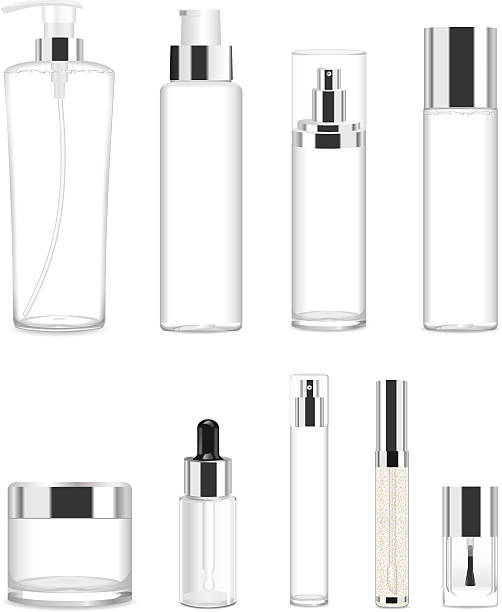 Set of nine transparent cosmetic tubes. Vector Collection of nine cosmetic acrilic or glass tubes isolated on white. Silver and white colors. Modern design. Place for your text. Detailed vector illustration silver bottle cap stock illustrations