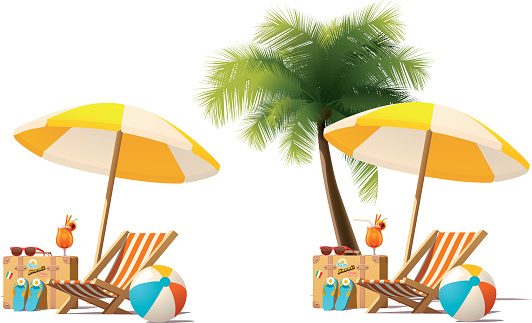 Detailed vector icon representing deck chair, travel suitcase, sun umbrella and cocktail near deck chair on the seaside beach