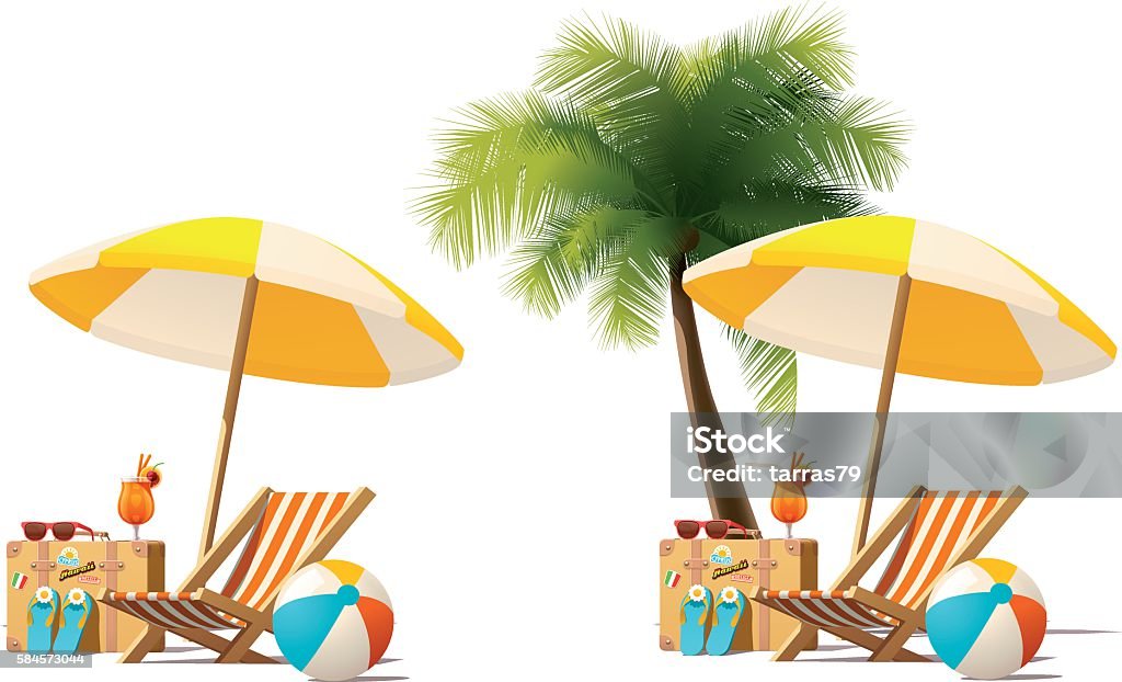 Vector travel and summer beach vacation relax icon Detailed vector icon representing deck chair, travel suitcase, sun umbrella and cocktail near deck chair on the seaside beach Vacations stock vector