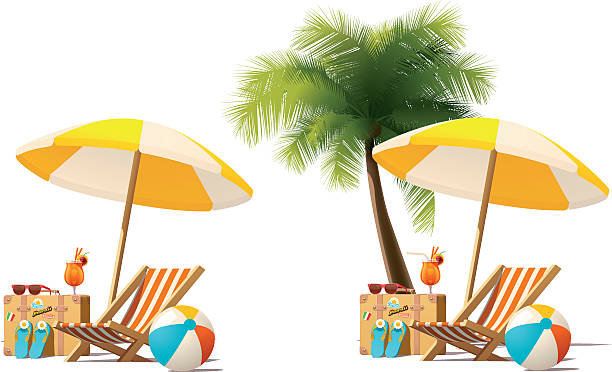 Vector travel and summer beach vacation relax icon Detailed vector icon representing deck chair, travel suitcase, sun umbrella and cocktail near deck chair on the seaside beach sand illustrations stock illustrations