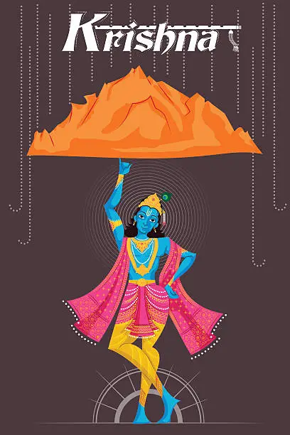 Vector illustration of Indian God Krishna lifting mountain