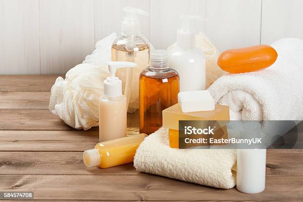 Soap Bar And Liquid Shampoo Shower Gel Towels Spa Kit Stock Photo - Download Image Now