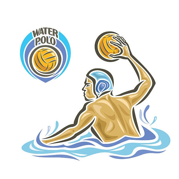Vector abstract logo for Water Polo Vector abstract logo for Water Polo, player throw Ball in goal, attacking swimmer shot yellow polo ball in gate, sportsman in pool with blue water waves and splash gives pass, waterpolo equipment. water polo cap stock illustrations