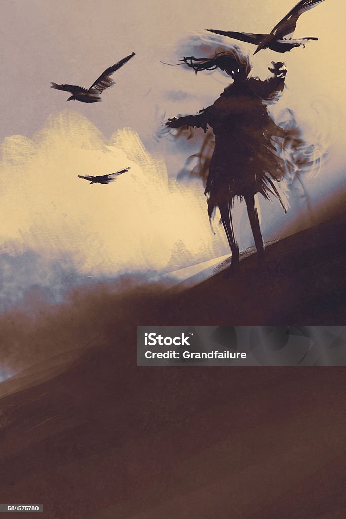 fantôme avec des corbeaux volants dans le désert - Illustration de Fantasmagorie libre de droits