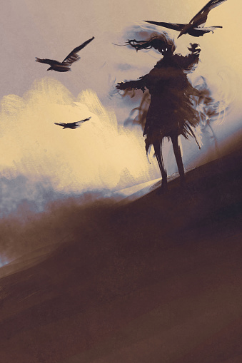 ghost with flying crows in the desert,illustration,digital painting