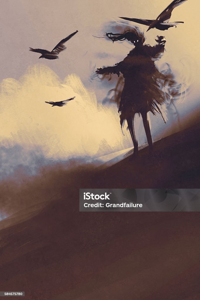 ghost with flying crows in the desert ghost with flying crows in the desert,illustration,digital painting Spooky stock illustration