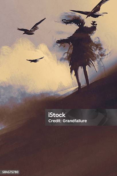 Ghost With Flying Crows In The Desert Stock Illustration - Download Image Now - Spooky, Art, Painted Image