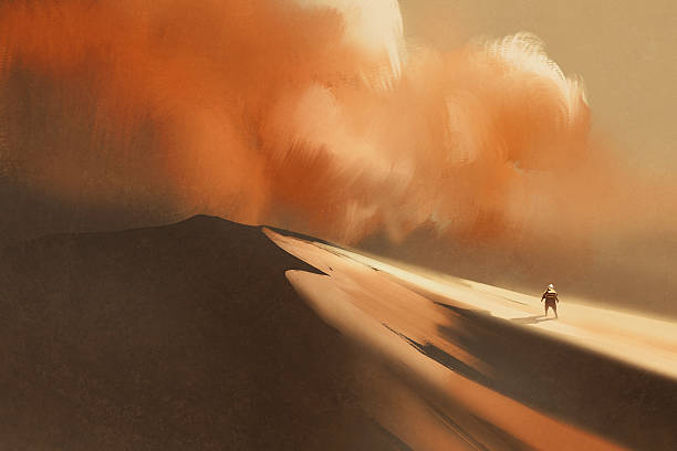 사막과 하이킹 맨의 모래 폭풍 - sandstorm stock illustrations