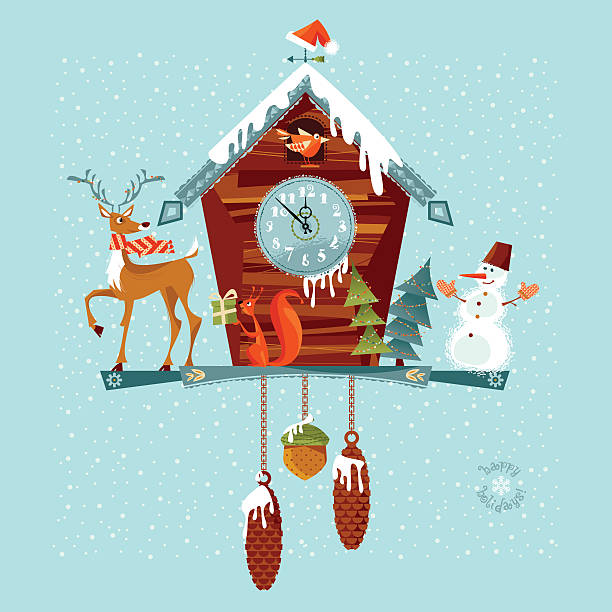 weihnachtskuckucksuhr mit hirsch, eichhörnchen und schneemann. - kuckucksuhr stock-grafiken, -clipart, -cartoons und -symbole