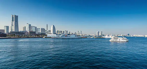 Panoramic view of a port city. Yokohama Minato Mirai 21 Area in Yokohama, Japan viewed from Osanbashi Pier.