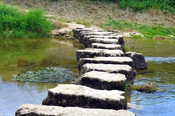 istock closeup of steppingstones crossing a small river 584586452