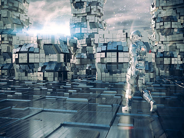 Astronaut walking in alien futuristic city.