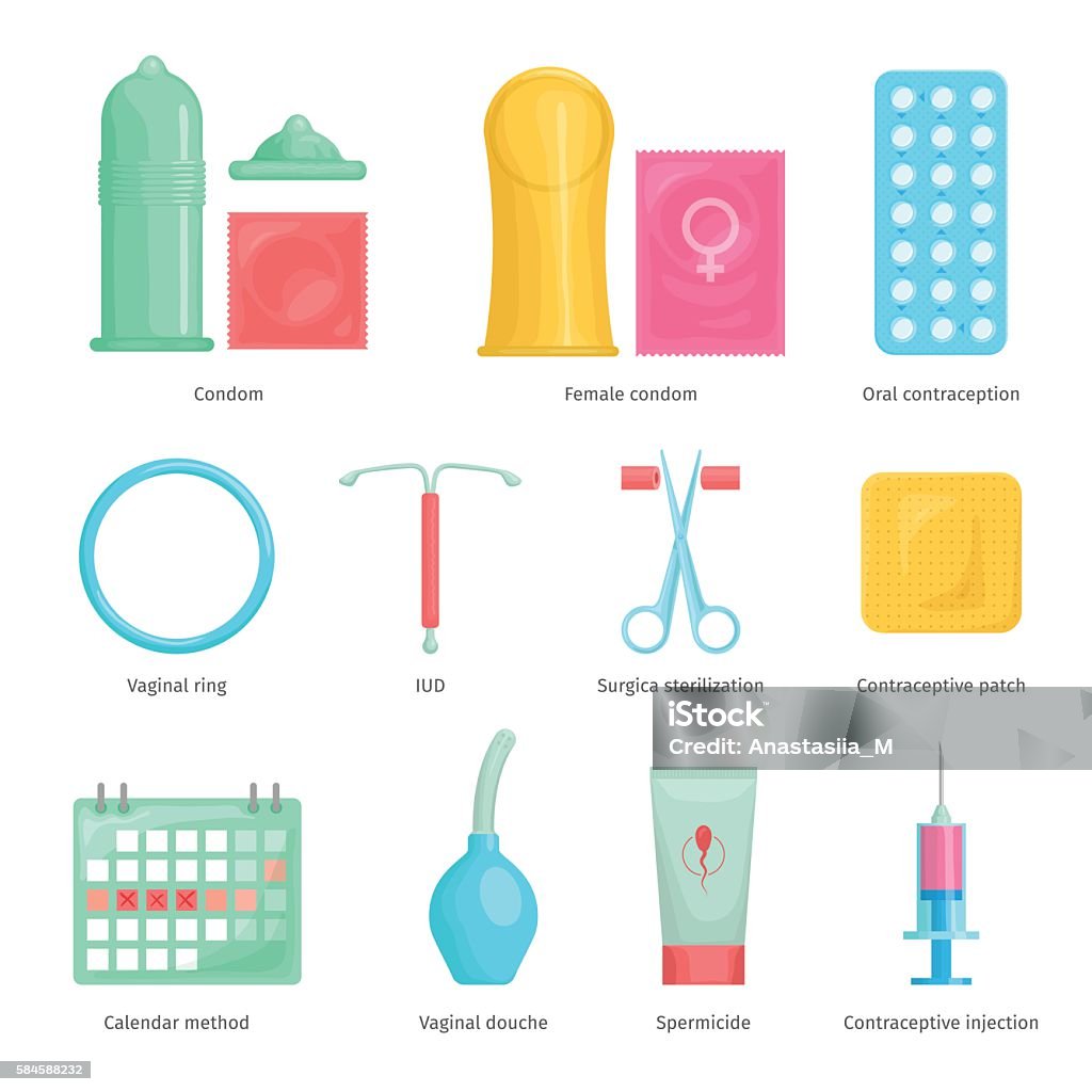Méthodes de contraception icônes de dessins animés - clipart vectoriel de Contraceptif libre de droits