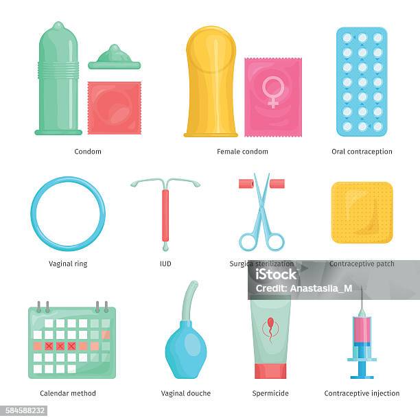 Contraception Methods Cartoon Icons Stock Illustration - Download Image Now - Contraceptive, Injecting, Syringe