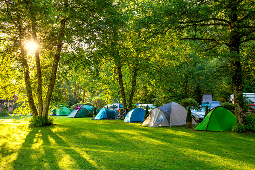 Tiendas de campaña Zona de acampada, temprano en la mañana, hermoso lugar natural photo