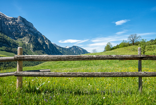 Part of a wooden fence on a blooming meadow. There are hills, mountains and a blue sky with some copy space in the background.