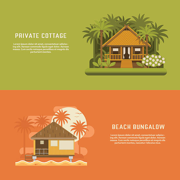 Tropic Bungalow Banners Tropic bungalow banners. Wooden house background templates. Jungle straw hut and beach bungalow backdrops for website and internet. Summer holidays concept. South houses for booking, rent or living. beach hut stock illustrations