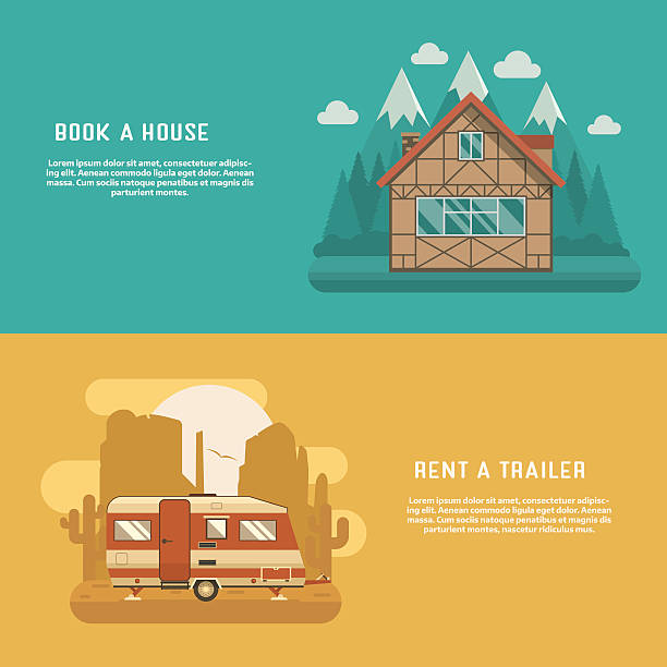 illustrations, cliparts, dessins animés et icônes de bannières mountain lodge et rv trailer - motor home mobile home vehicle trailer camping