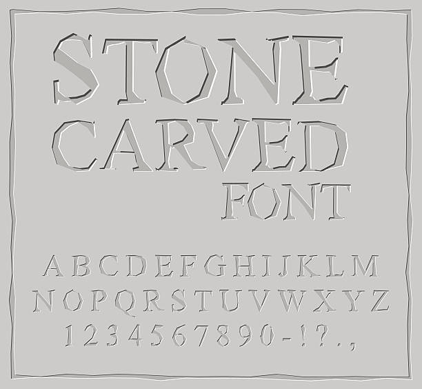 Stone Carved font. Alphabet on rock plate. Chips and scratches. Stone Carved font. Alphabet on rock plate. Chips and scratches. Ancient ABC. Archaic letters frieze stock illustrations