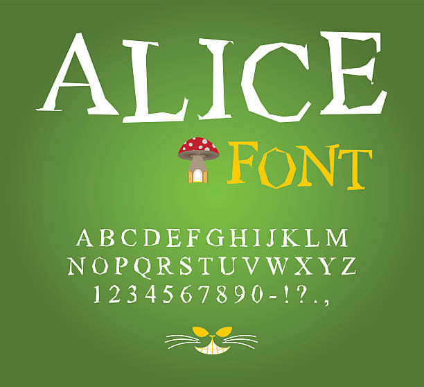 Alice in Wonderland font. Fairy ABC. mad Alphabet Cheshire Cat. Alice in Wonderland font. Fairy ABC. mad Alphabet Cheshire Cat. Set of letters. Magical beast with long striped tail alice in wonderland stock illustrations