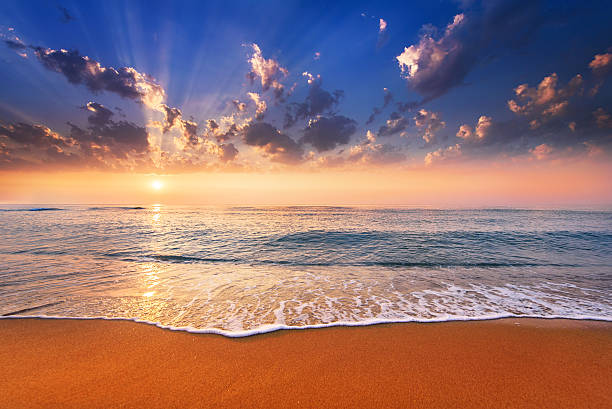 istock shining sun goes down at sea. 584595054
