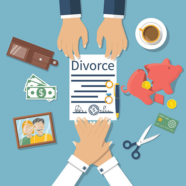 Divorce concept vector Divorce concept. Meeting of husband and wife to sign agreement divorce papers. Property division. Vector illustration of a flat design. Form is signed with stamp. divorce papers stock illustrations