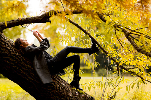 Young woman lying on a branch in the autumn park with phone in hand