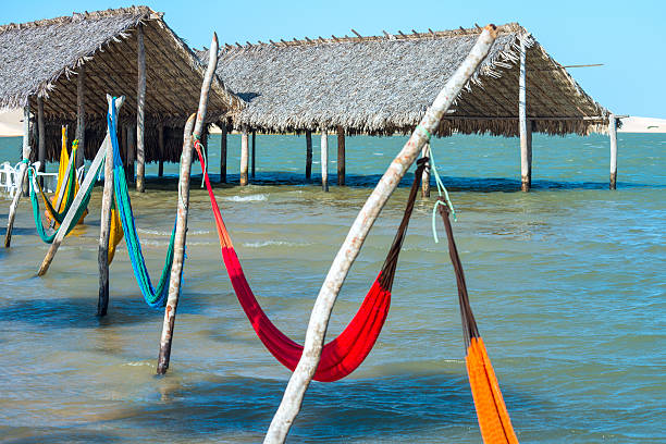 hammocks under the shade of palapa sunroof in jericoacoara, brazil - ceara state imagens e fotografias de stock