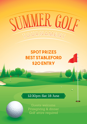 Summer golf competition poster featuring a golf ball on the green on the golf course. Text easily changed. Global colors.