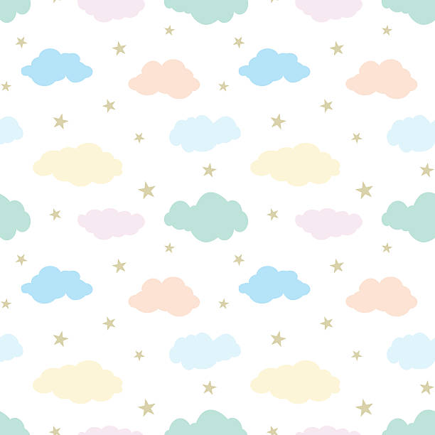 бесшовный векторный узор с милыми облаками и звездами - pastel colored backgrounds star shape light stock illustrations