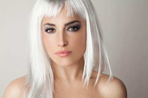 platinum hair beauty portrait, studio white
