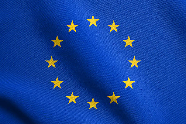 flag of europe, european union, waving with fabric texture - european union flag european community photography textured effect imagens e fotografias de stock