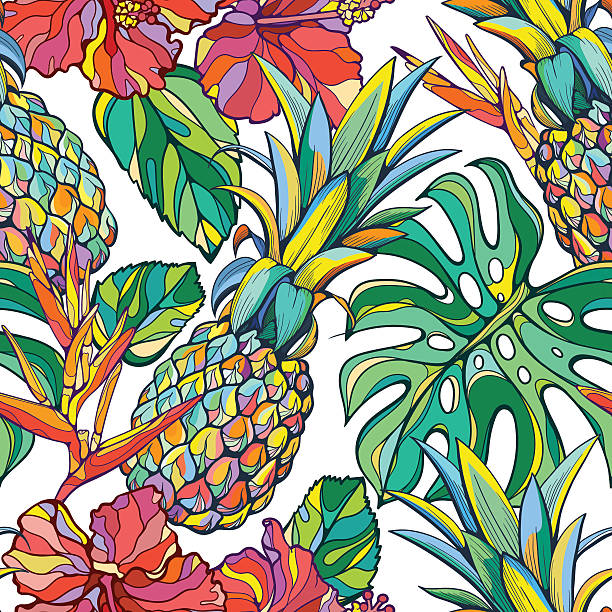 ilustraciones, imágenes clip art, dibujos animados e iconos de stock de colorido patrón tropical vectorial sin costuras - frutas tropicales