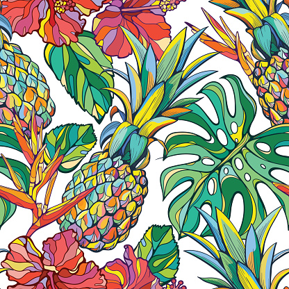 Seamless vector background with pineappels and tropical flora