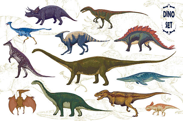 коллекция мультфильмов динозавров. - illustration and painting geologic time scale old fashioned wildlife stock illustrations
