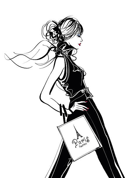 pretty woman shopping in paris - fashion illustration 幅插畫檔、美工圖案、卡通及圖標