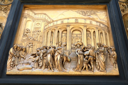 Joseph and Benjamin. Relief on gates of Paradise at Baptistry, Florence Italy