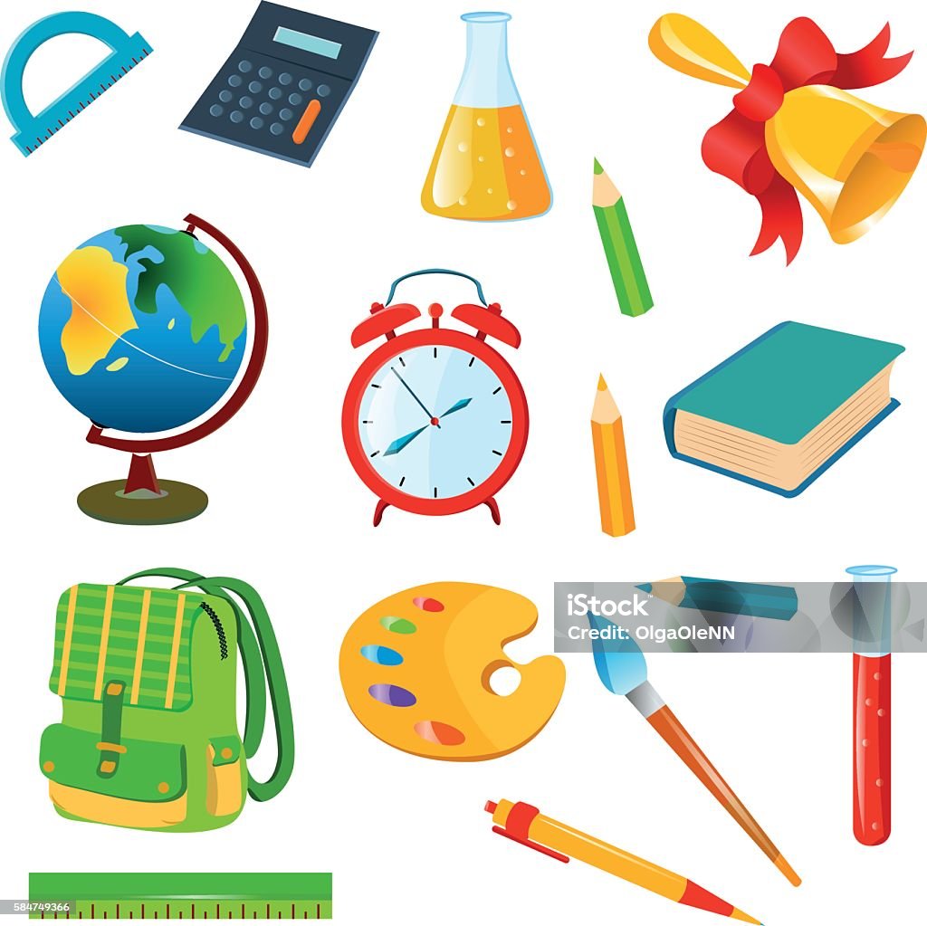 School accessories on a white background Isolated school accessories on a white background. Vector set illustration.School and insitute supplies. Items for school and insitute.Educational and web design concept. Alarm Clock stock vector