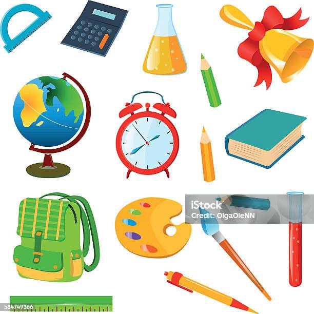 School Accessories On A White Background Stock Illustration - Download Image Now - Alarm Clock, Artist's Palette, Bag