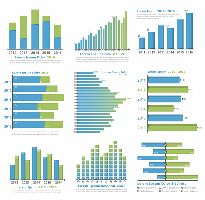 Graphs and charts templates for statistics or data visualization, set of 9 infographic templates for reports and presentations, vector eps10 illustration