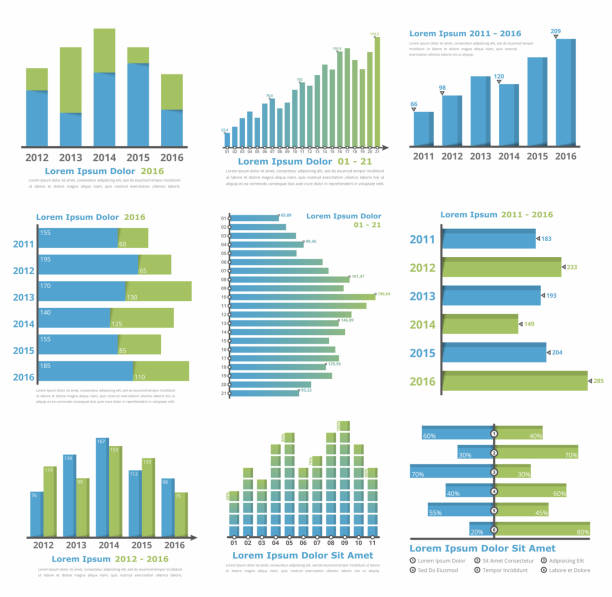 Graphs and Charts Graphs and charts templates for statistics or data visualization, set of 9 infographic templates for reports and presentations, vector eps10 illustration bar graph illustrations stock illustrations
