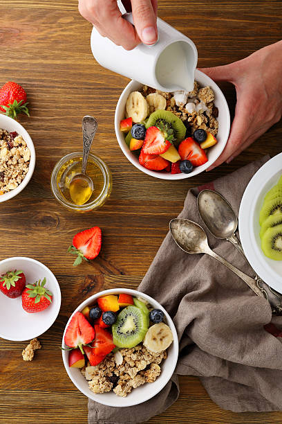 istock cereals breakfast bowl with fruits 584752816