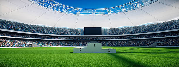 stadion bei tag mit siegertreppe, blauem himmel. 3d-rendering - recreate stock-fotos und bilder