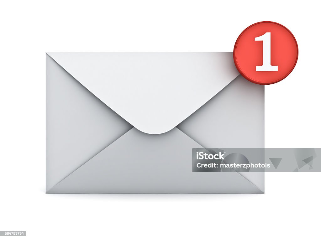 Email notification E mail notification one new email message in the inbox concept isolated on white background with shadow. 3D rendering. 'at' Symbol Stock Photo