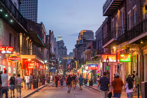 NEW ORLEANS, LOUISIANA - AUGUST 23: Pubs and bars with neon lights  in the French Quarter, downtown New Orleans on August 23, 2015.