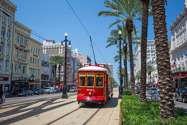 New Orleans Streetcar Line at downtown New Orleans NEW ORLEANS, USA - AUGUST 25: New Orleans Streetcar Line at downtown New Orleans on August 25, 2015. The New Orleans Streetcar line began electric operation in 1893. new orleans photos stock pictures, royalty-free photos & images